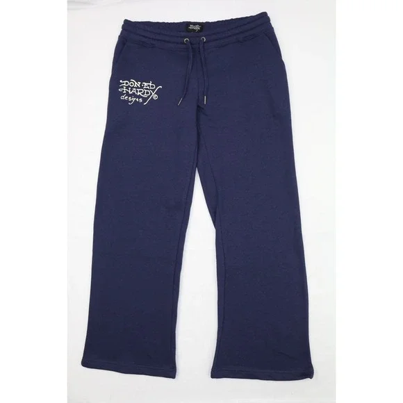 Ed Hardy Womens Broken Hearts Sweatpants Wide Leg Y2K Navy Eclipse L Fleece - Picture 2 of 16